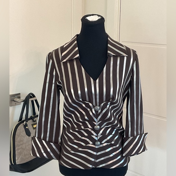 Joseph Ribkoff Brown and White Buttoned Blouse with Notched Collar - Picture 7 of 14